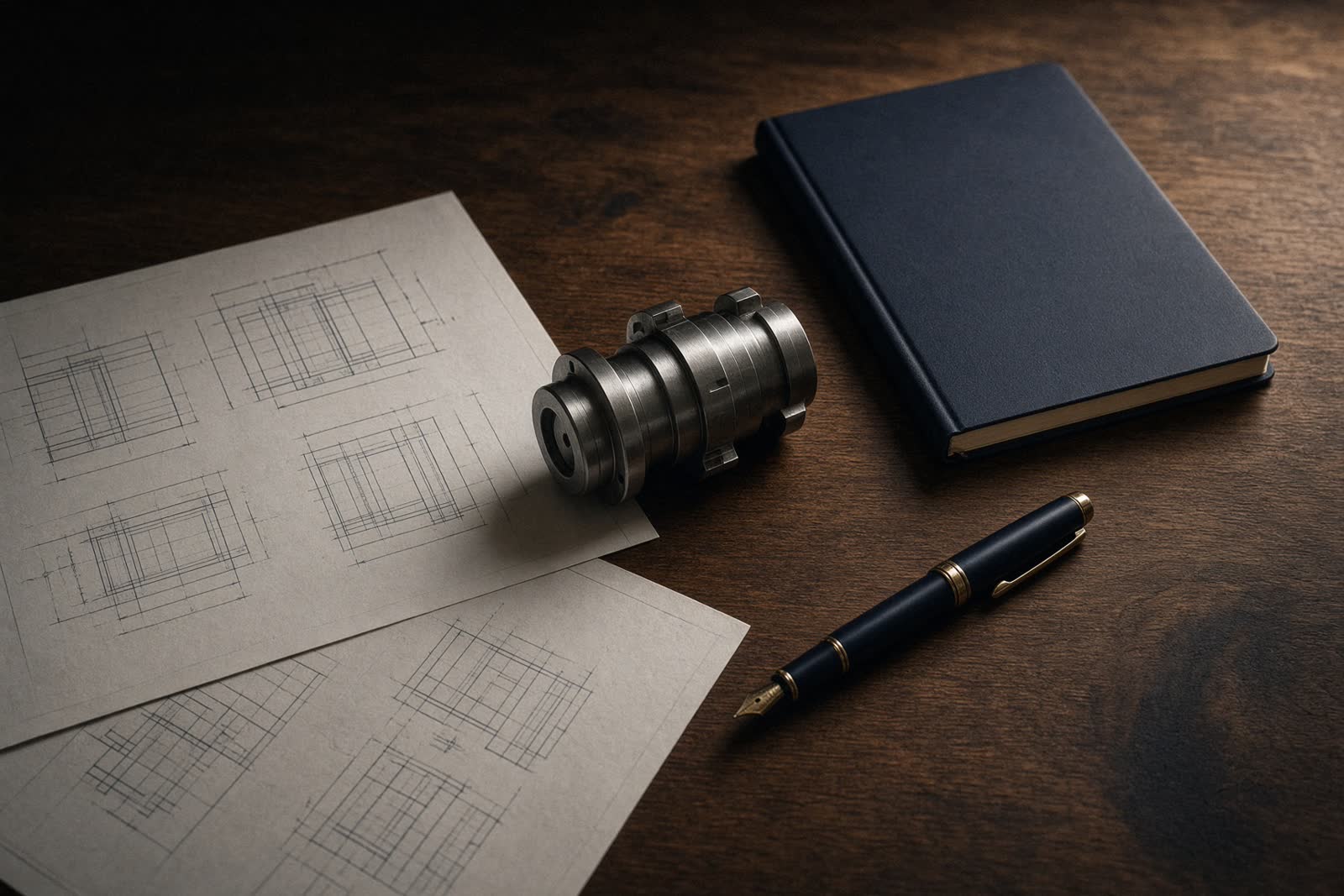 Still life of blueprints, a machined part, and a notebook